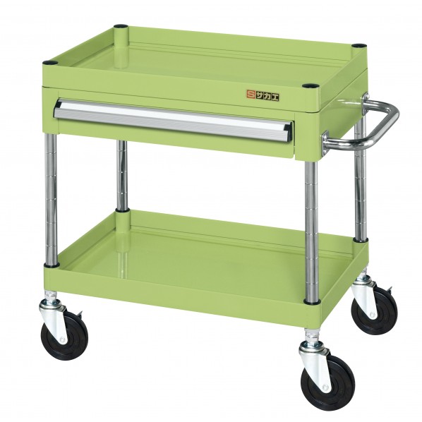 ※法人専用品※サカエCSパールワゴン(サイレントエラストマー車/上段引出し/天板皿型)W750×D500×H600グリーンCSP-7562ASE