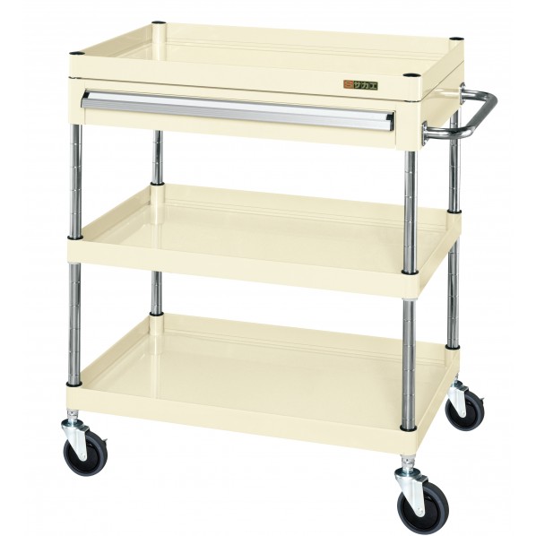 ※法人専用品※サカエCSパールワゴン(サイレントエラストマー車/上段引出し/天板皿型)W750×D500×H740アイボリーCSP-7573ASEI