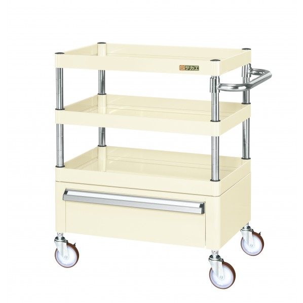 ※法人専用品※サカエCSパールワゴン(ナイロンウレタン車/下段深引出し/天板皿型)W600×D400×H880アイボリーCSP-6083CNUI