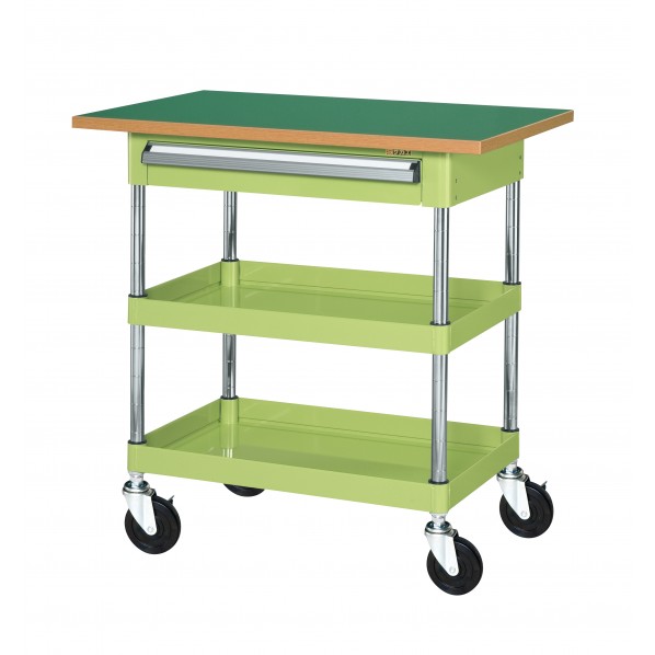 ※法人専用品※サカエCSパールワゴン(中量タイプ/ナイロンウレタン車/引出し･天板付)W750×D500×H900グリーンCSP-7582ATFNU