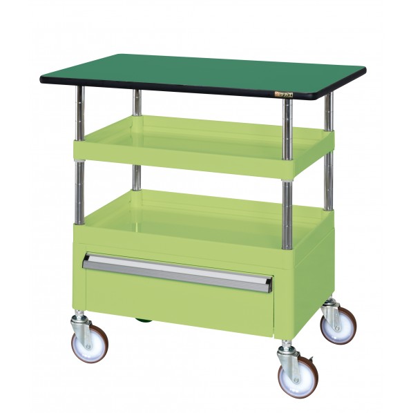 ※法人専用品※サカエCSパールワゴン(中量タイプ/ナイロンウレタン車/引出し･天板付)W900&times;D600&times;H900グリーンCSP-9082CTENU｜DIY FACTORY ONLINE SHOP