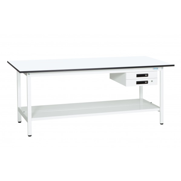 サカエ軽量作業台(KAタイプ/耐荷重180kg/メラミン天板/H740/中板付/引出付/固定式)W1200×D600×H740mmKA-126BTMW