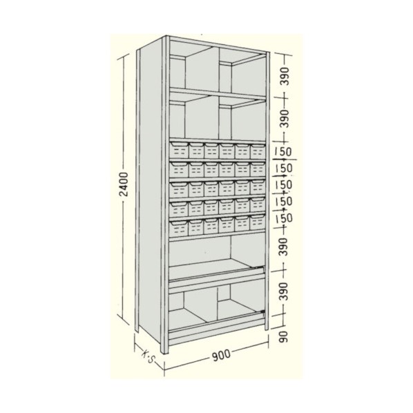 日本ファイリング 引出し付軽量物品棚W900D300H2400F10 LA83K-710 1点