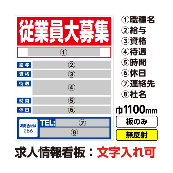 工事看板「従業員大募集」 1100X1400 無反射 板のみ（枠なし）求人 スタッフ募集 リクルート 03G0101W008 1枚