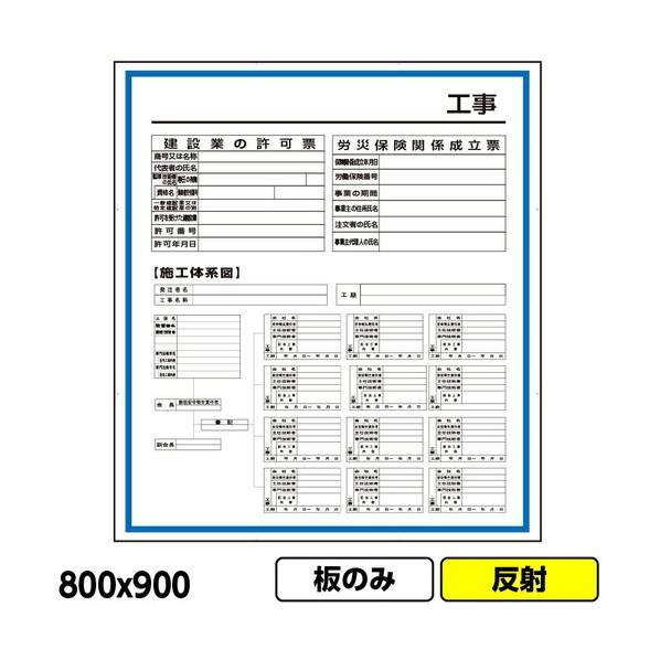 工事看板 「建設一体型標識 建設業の許可票/労災/施工体系図」 800X900 反射 板のみ 03G0102W002 1枚