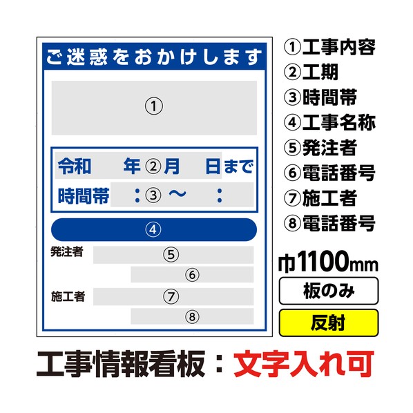 送料無料】工事情報看板 工事看板 道路工事看板 1100X1400 反射 板のみ