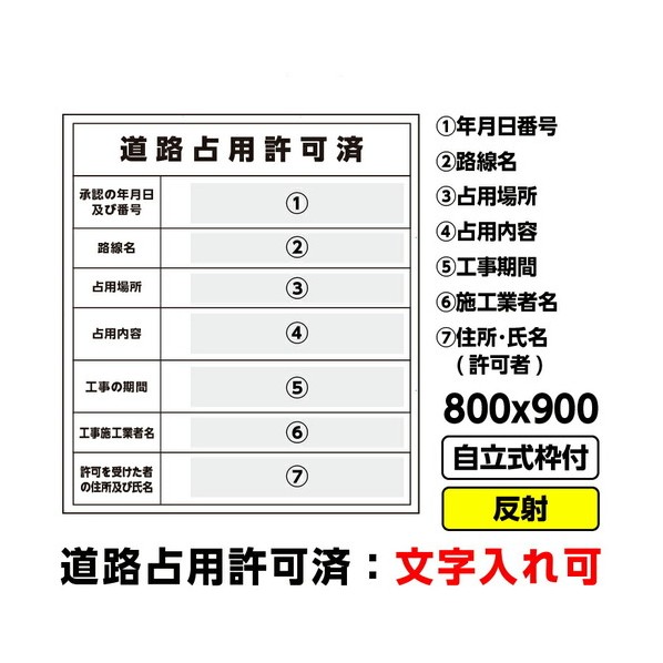 ※法人専用品※桝口工事 工事看板「道路占用許可済」800x900 反射 自立式 19角 枠付 建設 標識 03G1902W023 1枚|DIY FACTORY ONLINE SHOP