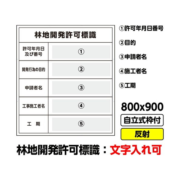 工事看板「林地開発許可標識」800x900 反射 自立式 19角 枠付 建設 標識 03G1902W025 1枚