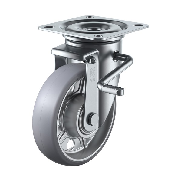 プレート式 自在 キャスター アルティメットウレタン 車輪径100mm ストッパー付き PMタイプ PMS-LB R型 取付寸法74×74（67×67） PMS-100AUULB(R)