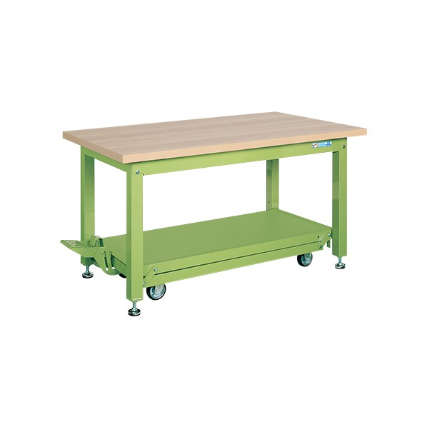 サカエ重量作業台ペダル昇降移動式(KWC/耐荷重2000kg/木目メラミン天板/H740)KWCM-158