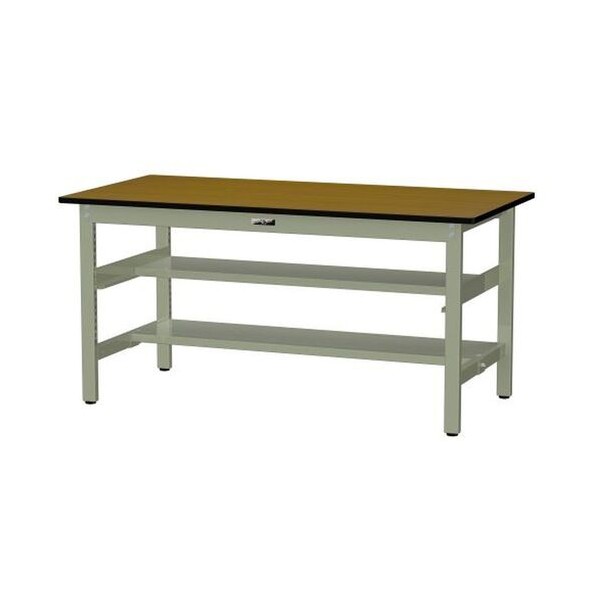 中量作業台 ワークテーブル500シリーズ 固定式 中間棚･半面棚板付 メラミン天板 W1500×D750×H740mm 木目柄/ヤマテックグリーン SJM-1575TS1-MG