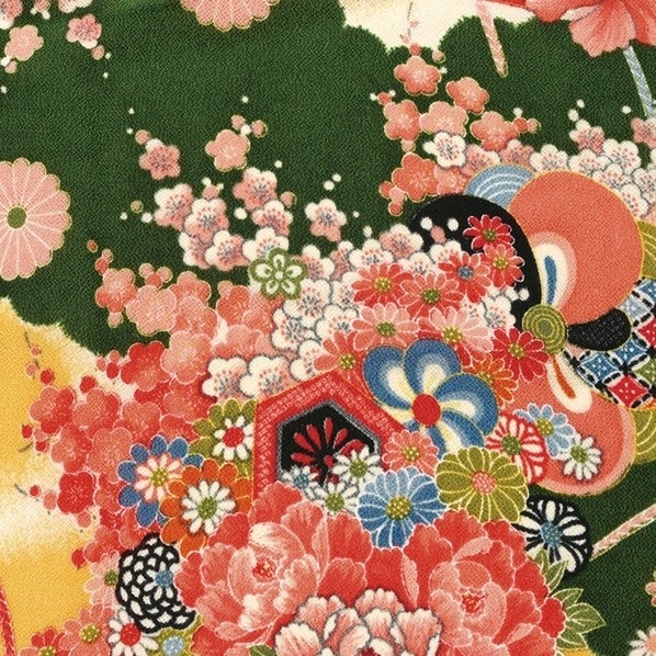 日本紐釦取り引き 一越ちりめん 友禅 名著柄 巾約73cm×9m切売取りすてる 花 緑系 HY02-E-9M 9m
