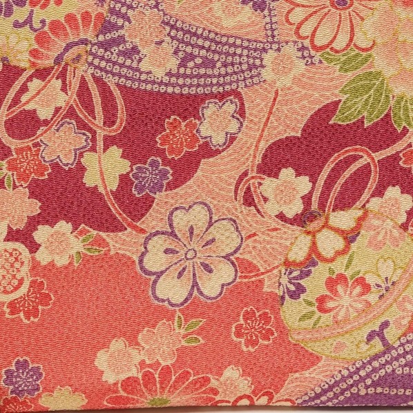 日本紐釦売り買い ちりめん 友禅 桜柄 巾約70cm×4m切売はね除ける 赤 DS03-02-4M 4m