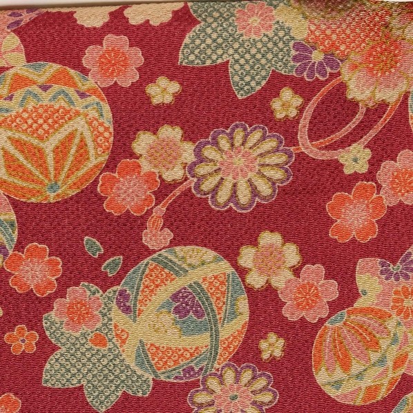 日本紐釦貿易 ちりめん 金彩 桜と毬 巾約70cm×8m切売カット 赤紫 DS07-02-8M 8m