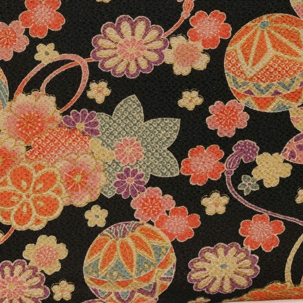日本紐釦貿易 ちりめん 金彩 桜と毬 巾約70cm×4m切売カット 黒 DS07-03-4M 4m