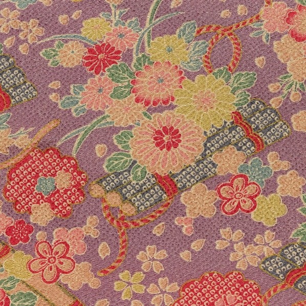 日本紐釦商業主義 ちりめん 金彩 花柄 巾約70cm×7m切売撥ね除ける 紫 DS08-04-7M 7m 花・ガーデン・DIY-その他