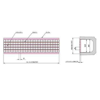 中部コーポレーション グレーチング U字溝用 歩道用 ギザギザ並目 単位(mm)グレーチング寸法:993(b)x231(w)x19(h)、製品長さ:285、アングル寸法:L30x30x3 CXU-P-19-24 1