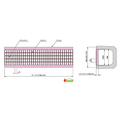 中部コーポレーション グレーチング U字構用 側溝用 並目 単位(mm)グレーチング寸法:995(b)x290(w)x25(h)、製品長さ:360、アングル寸法:L40x40x5 VG5U 25-30 1｜DIY FACTORY ONLINE SHOP 8,330円