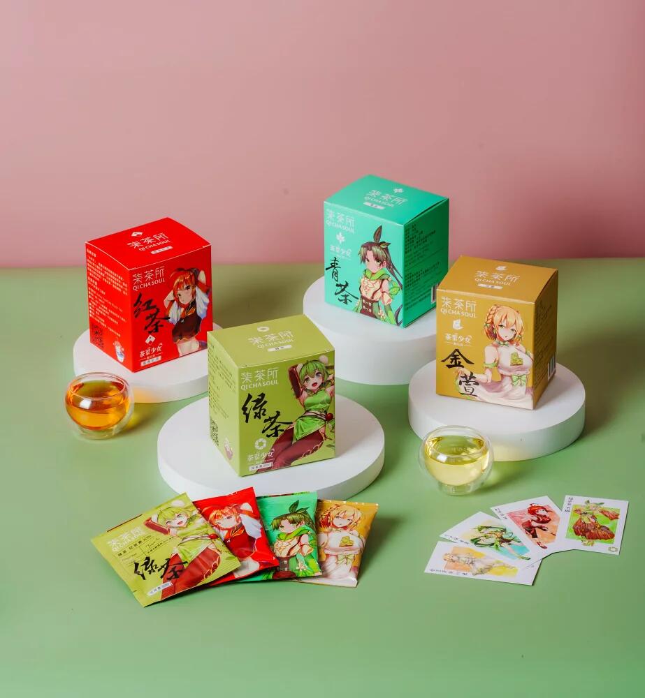 茶葉少女コラボティーバッグギフトセット　8バッグ/箱×4箱セット　緑茶/紅茶/青茶/金萱茶　茶葉少女書下ろしバッグ付き [柒茶所] 【台湾直送】【送料無料】