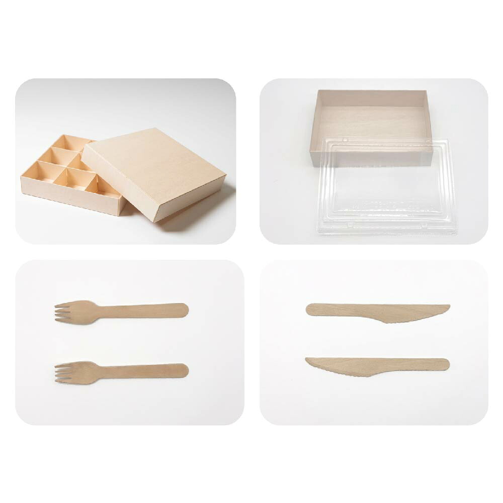 使い捨て 木製 弁当箱 カトラリー 4種 セット 240mm正方形25個+165mm長方形25個+フォーク100個+ナイフ100個 高級 業務用 お得 仕切あり 蓋付き 環境にやさしい エコ おしゃれ【木盒職人】【台湾直送】【送料無料】