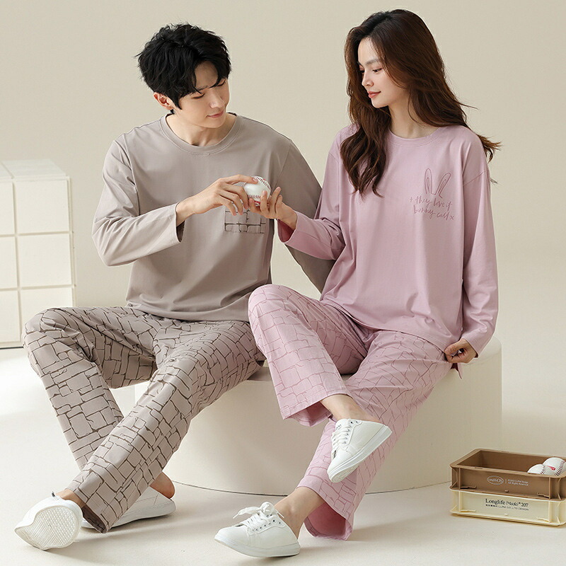 【48 時間限定 クーポン利用で 200 円 OFF】ペア パジャマ 長袖 男女2着 セット 綿100％ 柔らかい シンプル ゆったり カップル 春 秋 ルームウェア オーバーサイズ クルーネック 冬 コットン ペアパジャマ 結婚祝い プレゼント お祝い おもしろ 春秋 夫婦 ギフト