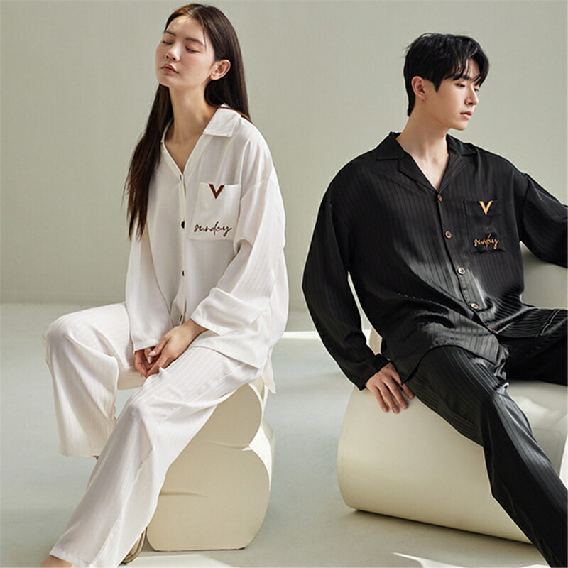 【48 時間限定 クーポン利用で 200 円 OFF】ペア パジャマ 合成シルク 長袖 男女2着 セット 軽量 セットアップ 前開き カップル おしゃれ 春 秋 シンプル ルームウェア 夏 レディース 2点セット 高級 サテン メンズ 結婚祝い プレゼント ペアパジャマ 春夏 シルクの質感