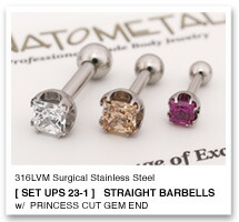 14Ga. ステンレス製 ストレートバーベル & チタン製 プリンセスカット ジェムエンド 4mm ANATOMETALサージカル ステンレス ボディピアス セットアップ 14g
