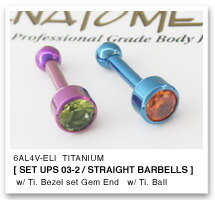 14Ga. チタン製 ベゼルセット ジェムエンド 4mm ＆ チタン製 ストレートバーベル ANATOMETAL