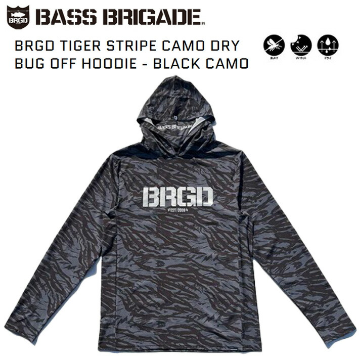 高役立つことフルジップフーディ BASS BRIGADE バスブリゲード  BRGD TIGER STRIPE CAMO DRY BUG OFF HOODIE - BLACK CAMO 殺虫剤製作 UV 素っ気ない バスフィッシング デプス 2階建てバス魚釣り メンズ 魚釣り
