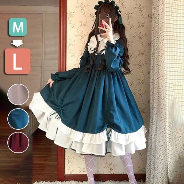 【送料無料】ビッグカラー ワンピース クラロリ 単品 ゴスロリ 長袖あり 袖付き Aライン Lolita リボン フリル裾 クリスマス レディース コスチューム 衣装 かわいい 仮装 パーティ お茶会 学園祭 文化祭 デート イベント ファッション dd102x1x1t2