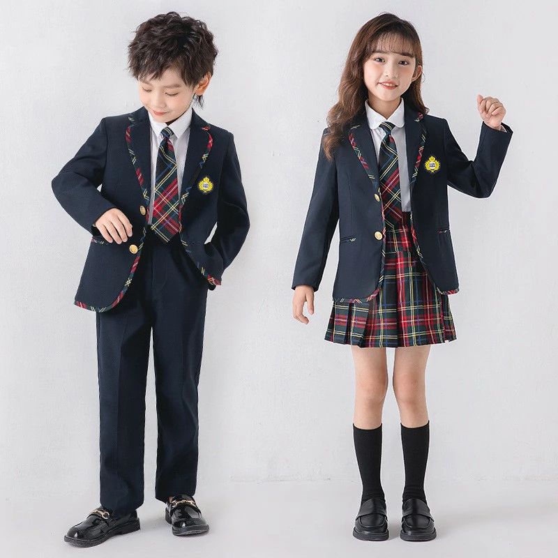 【送料無料】ネイビー 卒業式 スーツ 女の子 赤 チェック柄 入学式 子供服 フォーマル スーツ キッズ 男子 小学校 ワッペン・ネクタイ付き 男の子 スーツ5点セット フォーマル 男児スーツ 小学生 小学校 七五三服装 ユニフォーム 制服 オシャレ
