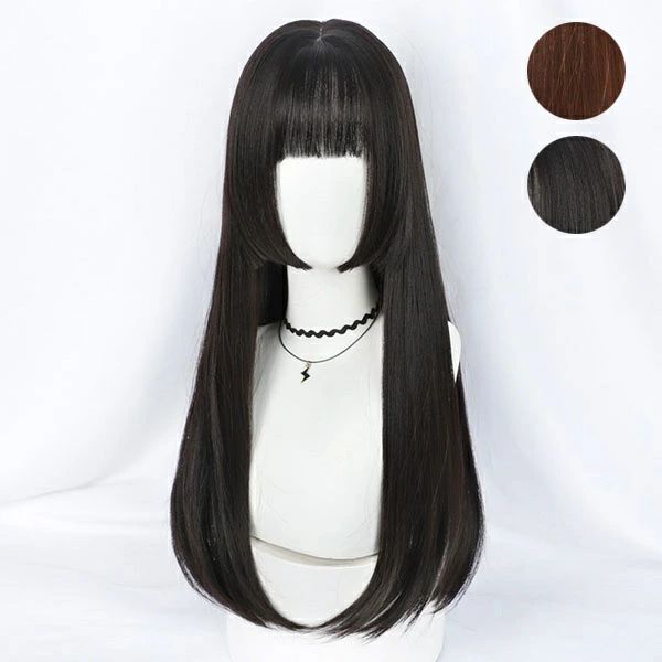 【送料無料】ウィッグ 姫カット フルウィッグ 原宿風 かつら ぱっつん 前髪 黒 茶髪 ブラック ブラウン レディース コスプレ 可愛い ロング 耐熱ウィッグ コスチューム ぱっつん 韓国風 小顔効果 ストレート 姫髪 ファッションウィッグ 原宿系 自然 dp056n1