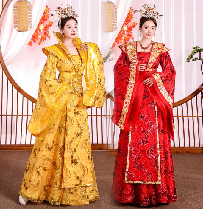 コスプレ 中華服 ハロウィン チャイナ服 女性 大人 華やか 中華衣装 中国古代宮廷 皇后 貴妃 お姫様 コスチューム 中国伝統ウェディングドレス 刺繍 スパンコール 豪華 中華ドレス 華流 舞台 ステージ 衣装 仮装 変装 結婚式 ドレス 広袖 ロング丈 漢服 唐装 赤 黄 送料無料