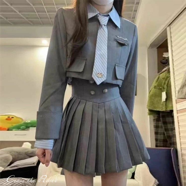 【送料無料】卒業式 スーツ 女の子 卒服 小学校女子 小学生 なんちゃって制服 韓国 制服 レディース セット 入学式 ブレザー ジャケット ブラウス スカート グレー プリーツスカート 長袖 スーツコート ジュニア フォーマル 女子 制服 女子高生 韓国制服 S M L