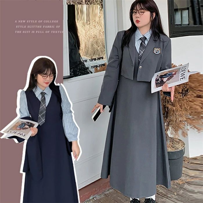 【送料無料】卒業式 スーツ 女の子 大きいサイズ 卒服 制服 ブレザー ゆったりサイズ 2色 高校生 入学式 卒業式 制服 2点セット 中学生 体型カバー ピアノ発表会 ワンピース 膝丈 フェイクレイヤード フォーマル 卒業式 長袖 灰 紺色 着痩せる XL-5XL