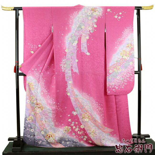 【中古】 振袖 送料無料 リサイクル レディース フォーマル 正絹 単品 裄丈66.5cm ピンク 桜 乱菊 刺繍 中古着物 リサイクル着物 即日発送|ビスコンティ&きもの忠右衛門