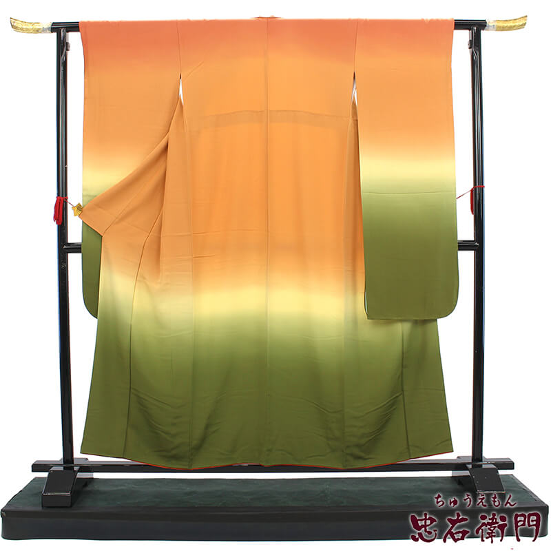 【中古】 振袖 長襦袢付き リサイクル 成人式 正絹 販売 仕立て上がり 着物 振り袖 オレンジ グリーン ベージュ ぼかし 身丈159cm 裄丈66cm 送料無料 即日発送｜ビスコンティ＆きもの忠右衛門