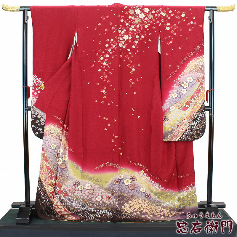 【中古】 振袖 リサイクル 成人式 正絹 レッド 熨斗 桜 仕立て上がり着物 振り袖 身丈171cm 裄丈67.5cm 美品 送料無料 即日発送｜ビスコンティ＆きもの忠右衛門