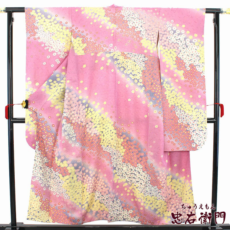 【中古】 振袖 単品 成人式 販売 レディース リサイクル着物 正絹 桃 桜 刺繍 身丈156cm 裄丈63.5cm 仕立て上がり着物 結婚式 送料無料 即日発送