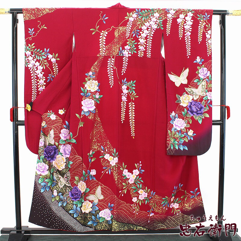 【中古】 振袖 リサイクル着物 長襦袢セット レディース 正絹 ワイン 薔薇 蝶々 身丈158.5cm 裄丈66cm 仕立て上がり着物 成人式 送料無料 即日発送|ビスコンティ&きもの忠右衛門