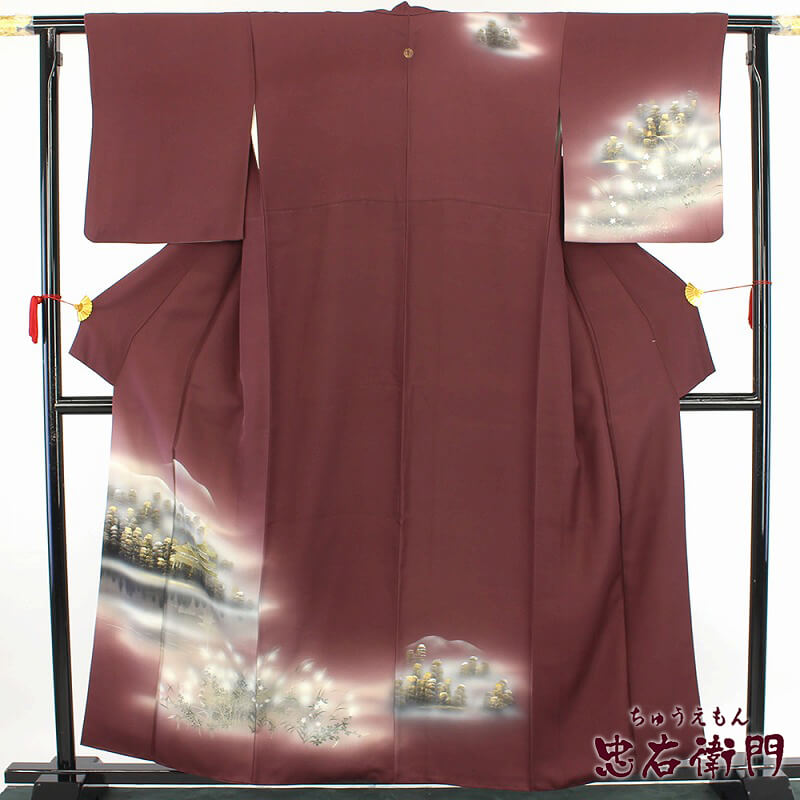 【中古】付下げ レディース 正絹 赤紫 寺院 風景 金彩 身丈162cm 裄丈65.5cm 仕立て上がり着物 フォーマル リサイクル着物 リユース着物 即日発送