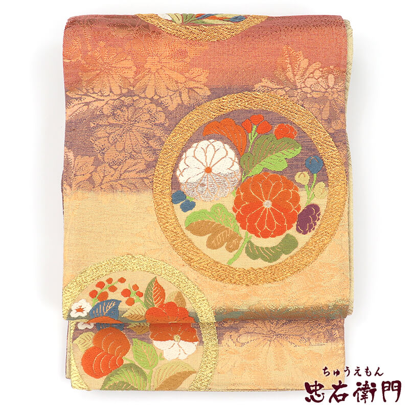 【帯まとめ買い｜クーポン利用で10％OFF】【中古】 袋帯 ふくろ帯 リサイクル レディース 正絹 金 オレンジ 丸文 唐織 長さ441cm 幅30cm 仕立て上がり帯 リサイクル帯 即日発送
