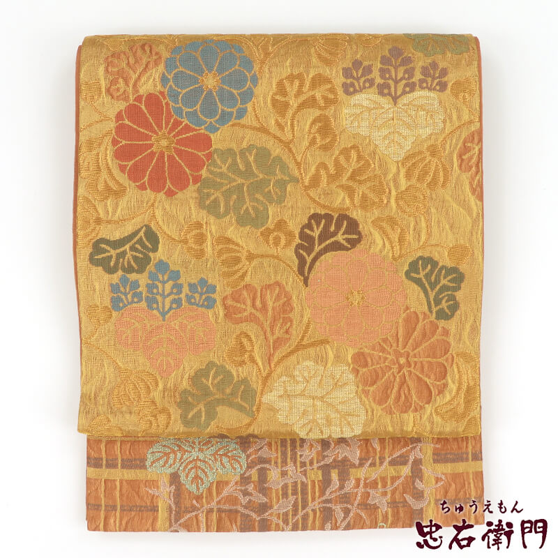 【帯まとめ買い｜クーポン利用で10％OFF】【中古】 袋帯 ふくろ帯 リサイクル レディース 正絹 オレンジ金 花唐草 長さ451cm 幅31cm 仕立て上がり帯 リサイクル帯 即日発送