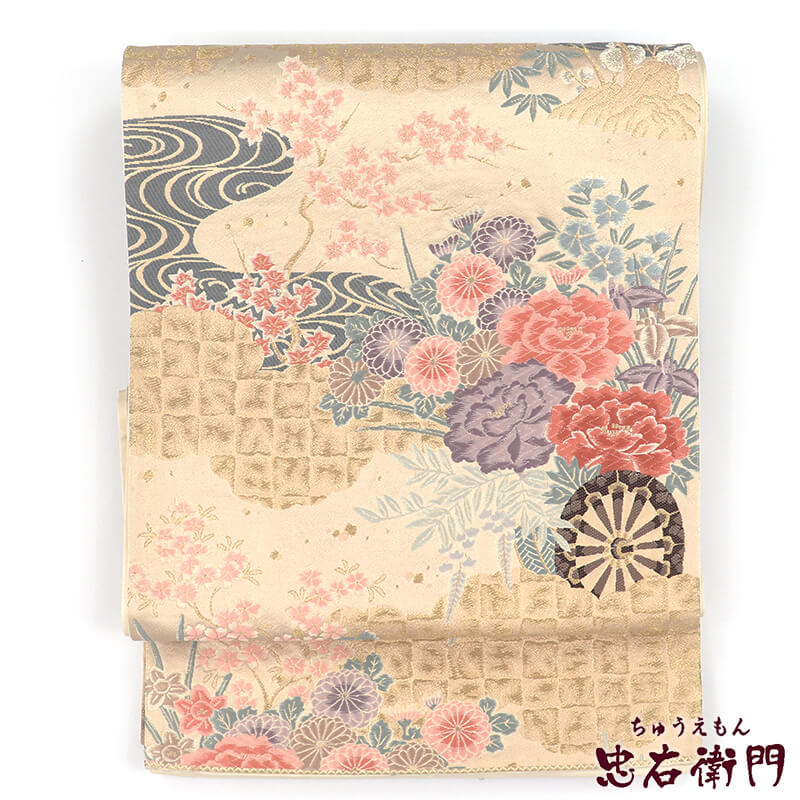 【帯まとめ買い｜クーポン利用で10％OFF】【中古】 袋帯 ふくろ帯 礼装用 フォーマル リサイクル レディース 正絹 金ベージュ 碁盤縞 雲取り 花車 長さ425cm 幅31cm 仕立て上がり帯 リサイクル帯 即日発送