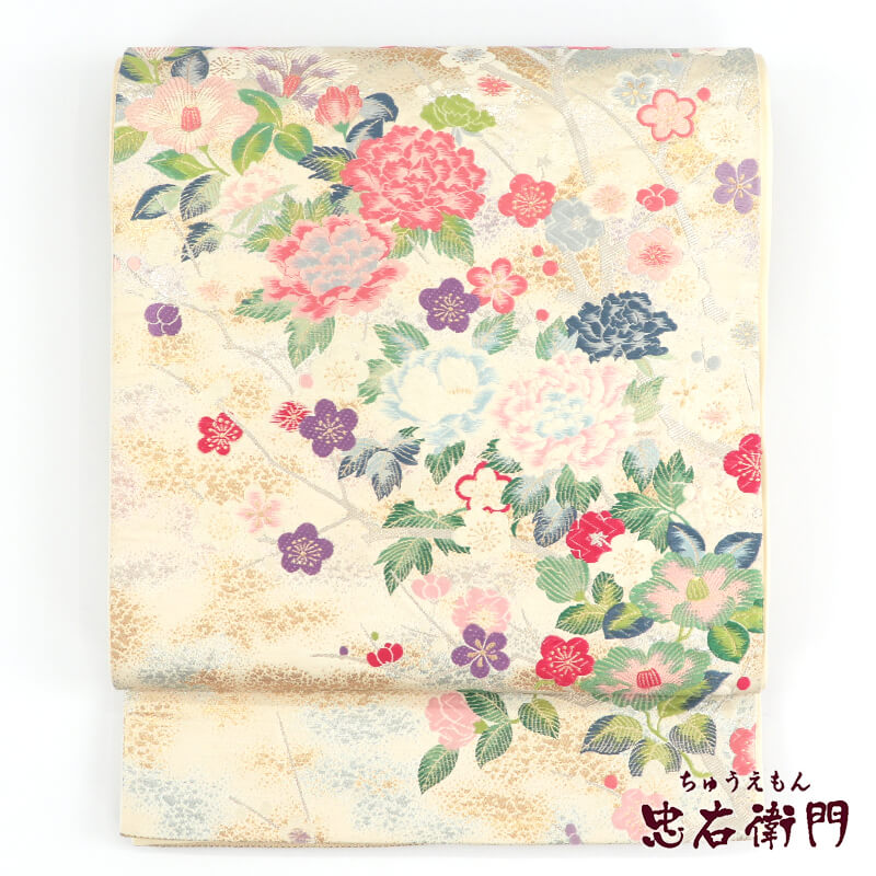 【中古】 袋帯 ふくろ帯 礼装用 フォーマル用 リサイクル レディース 正絹 白 花 鮮やか 牡丹 梅 椿 長さ426cm 幅30.5cm 仕立て上がり帯 リサイクル帯 即日発送｜ビスコンティ＆きもの忠右衛門 11,880円
