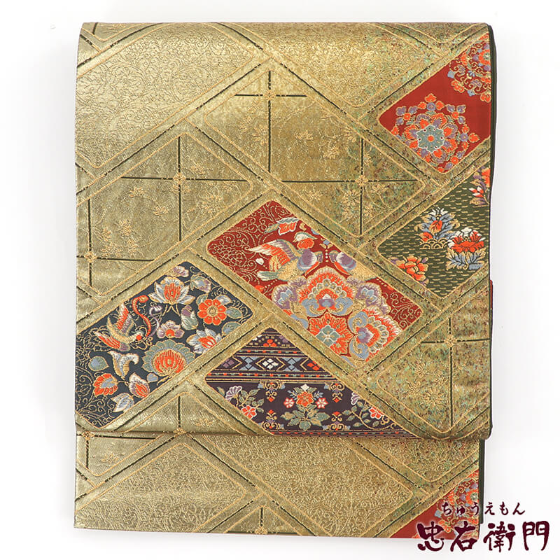 【中古】 袋帯 ふくろ帯 リサイクル レディース 正絹 金 箔地 檜垣文 長さ432cm 幅31cm 仕立て上がり帯 リサイクル帯