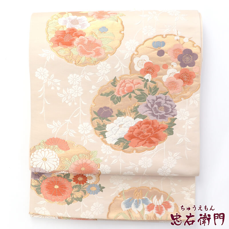 【中古】 袋帯 ふくろ帯 リサイクル レディース 正絹 白 雪輪 菊 牡丹 梅 椿 菖蒲 長さ424cm 幅31cm 仕立て上がり帯 リサイクル帯 即日発送｜ビスコンティ＆きもの忠右衛門 8,554円