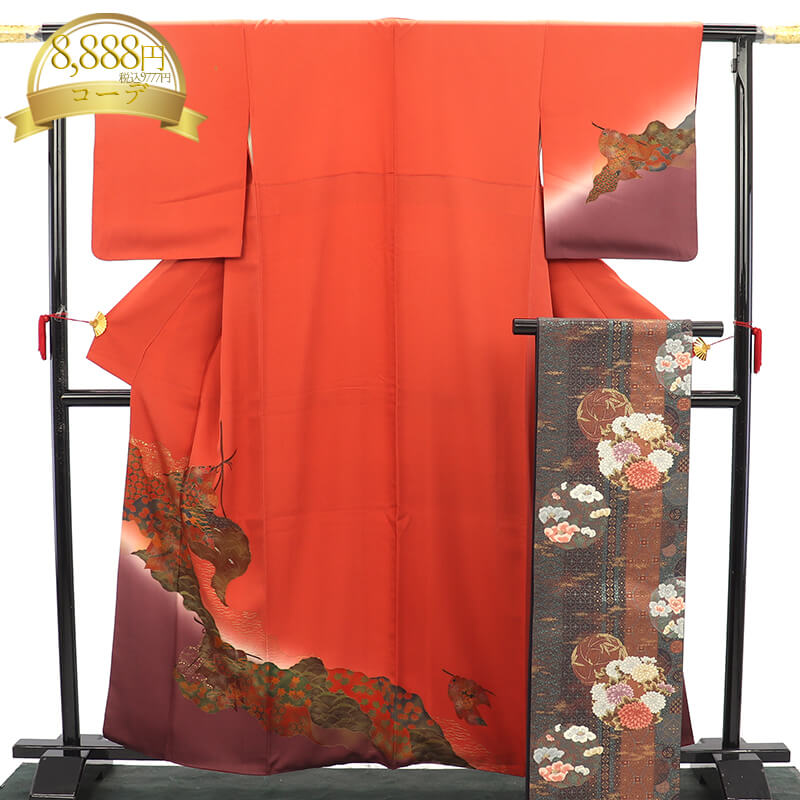 【マラソン連動】【30％OFF】【季節終了間近！袷着物ラストセール】リサイクル着物 リサイクル 付下げ 付け下げ 附下 コーディネート レディース 正絹 朱色 誰が袖紋 身丈164cm 裄丈65.5cm 仕立て上がり着物 【中古】 即日発送 新春セール