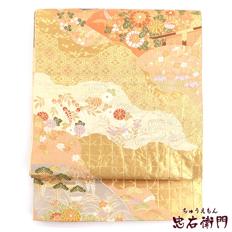 【中古】 袋帯 ふくろ帯 リサイクル レディース 正絹 服部織物 金 地紙 秋草 長さ423cm 幅31cm 仕立て上がり帯 リサイクル帯 送料無料 即日発送|ビスコンティ&きもの忠右衛門