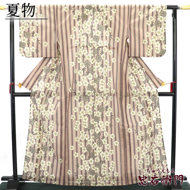 【中古】夏着物 絽小紋 小紋着物 レディース 化繊 茶 レトロ 桜 縞 身丈166.5cm 裄丈67cm 仕立て上がり着物 送料無料 即日発送|ビスコンティ&きもの忠右衛門